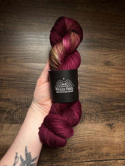 Wine Red with Green Worsted